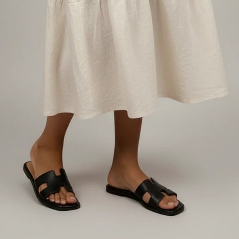 BLACK TRENDY H-SHAPED CUTOUT UPPER SLIDE SANDALS